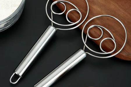 Danish Dough Whisk Dutch Style Stainless Steel Bread Dough Hand Mixer Binocular Coil Head Comfort Handle for Biscuits Bread Cake