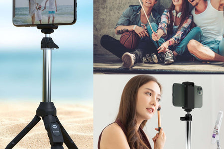 6-In-1 Multi Selfie Tripod with Smartphone & Gopro Mount, Rechargeable Wireless Remote - Black