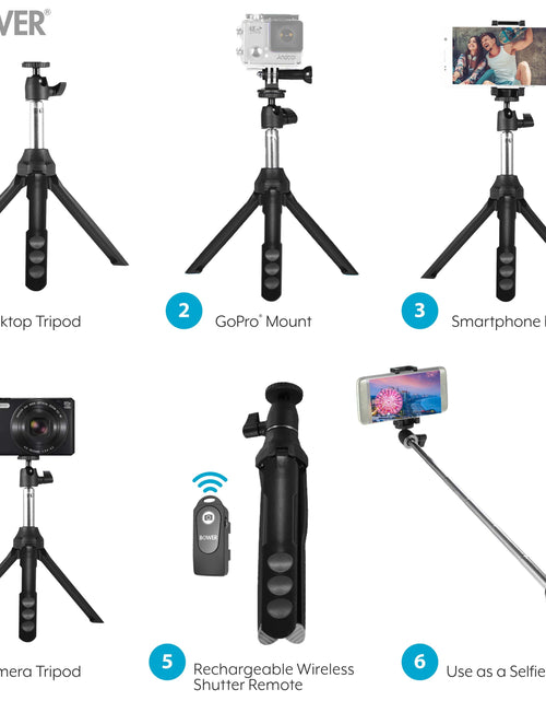 Load image into Gallery viewer, 6-In-1 Multi Selfie Tripod with Smartphone &amp; Gopro Mount, Rechargeable Wireless Remote - Black
