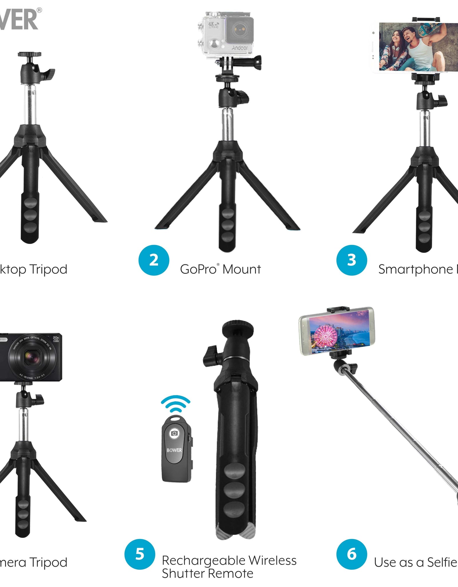 6-In-1 Multi Selfie Tripod with Smartphone & Gopro Mount, Rechargeable Wireless Remote - Black