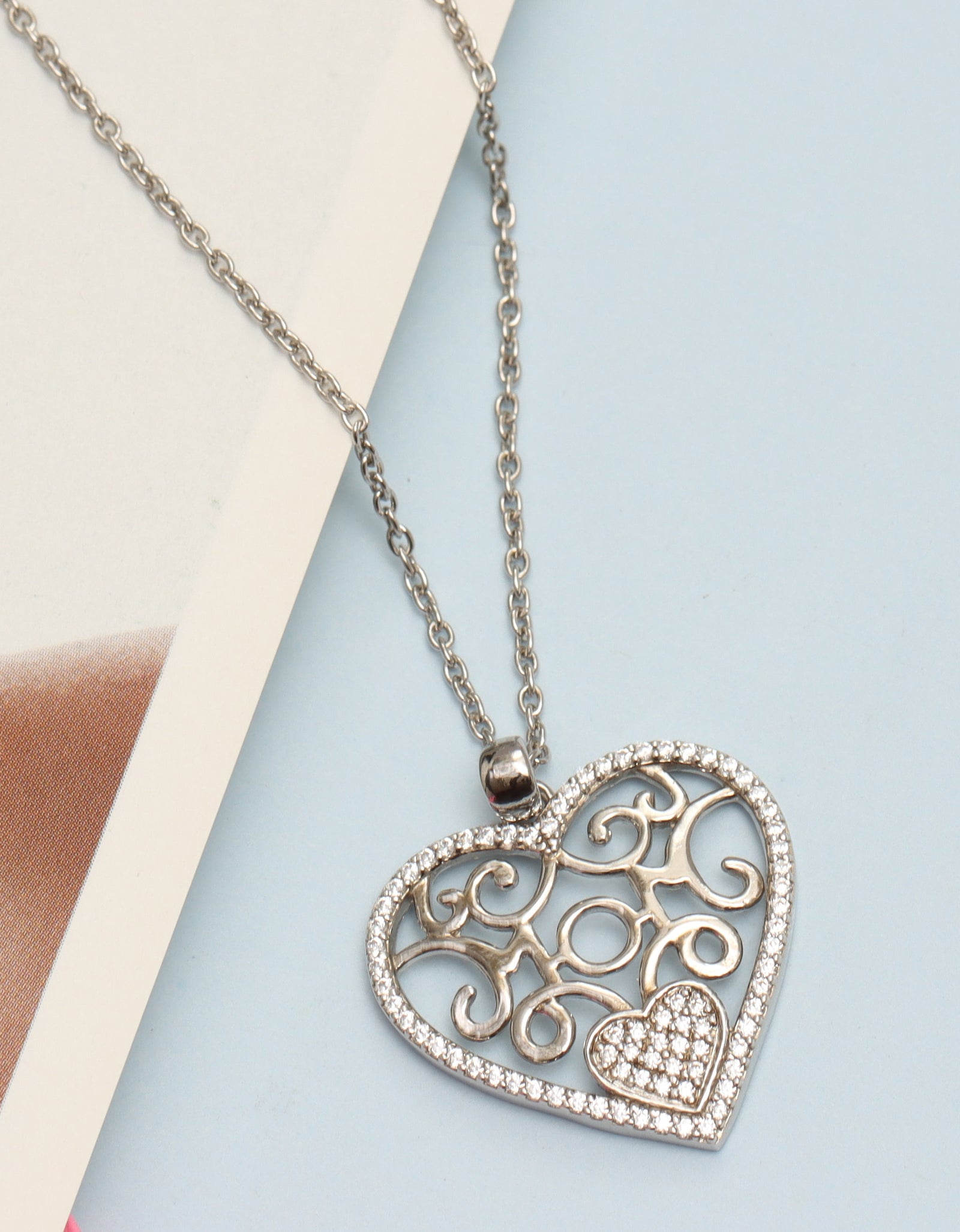 925 Sterling Silver Light-Weight CZ Filigree Heart Pendant Necklace Jewelry Gifts for Women and Teen 18" Inch